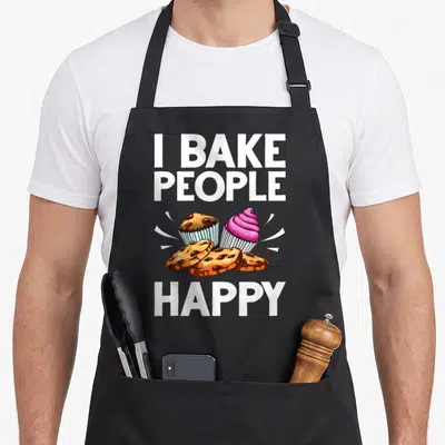Food baker apron - I BAKE PEOPLE HAPPY text above muffin, cupcake, and cookie illustration — shown on a black cotton canvas apron against a white background