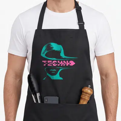 Fan techno apron - Teal female silhouette split by pink TECHNO text and heart graphic — shown on a black cotton canvas apron against a white background