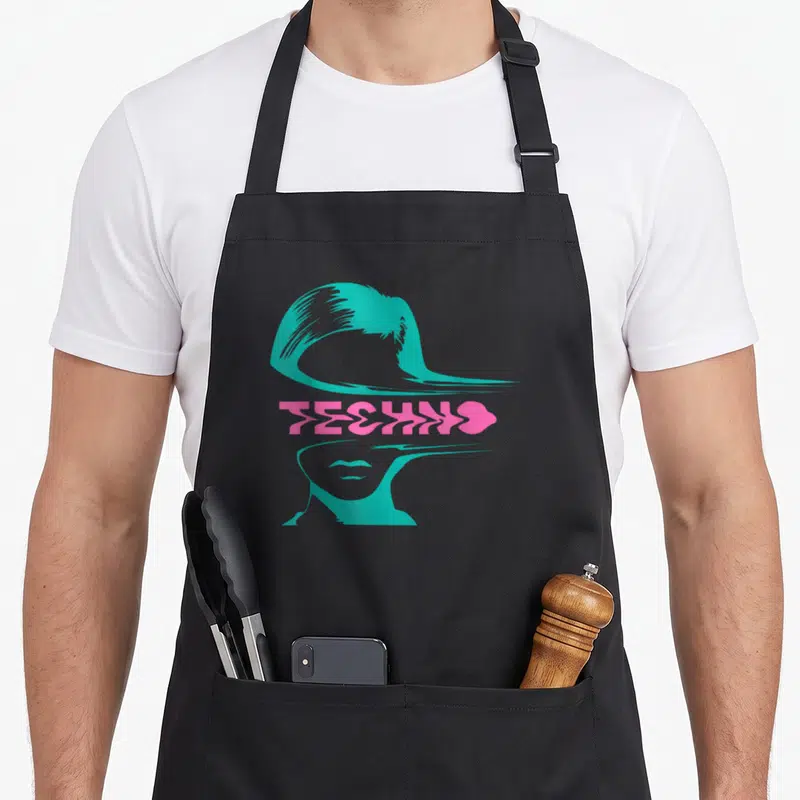Fan techno apron - Teal female silhouette split by pink TECHNO text and heart graphic — shown on a black cotton canvas apron against a white background