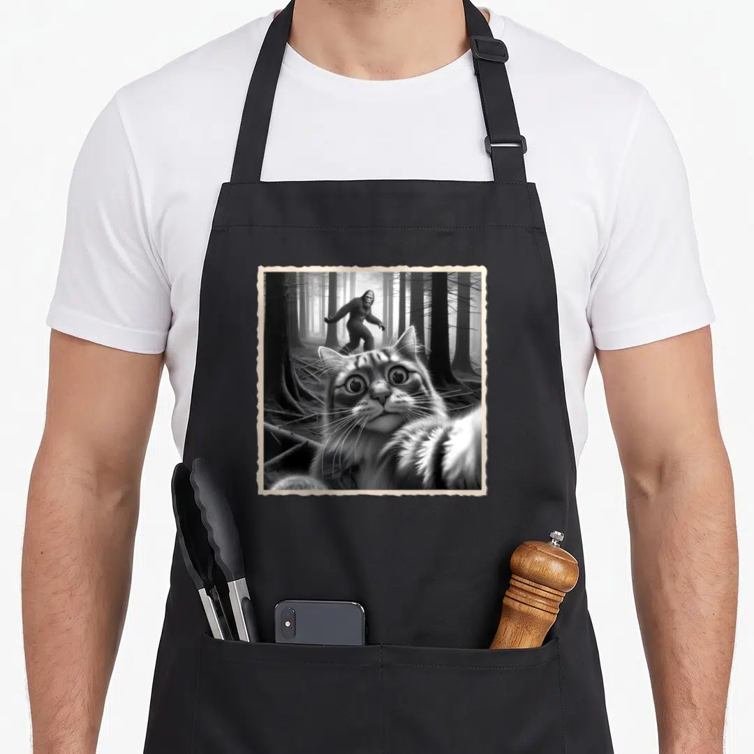 Sasquatch funny cat apron - Black and white photo of a cat selfie with a bigfoot-like figure in a forest, inside a torn — shown on a black cotton canvas apron against a white background
