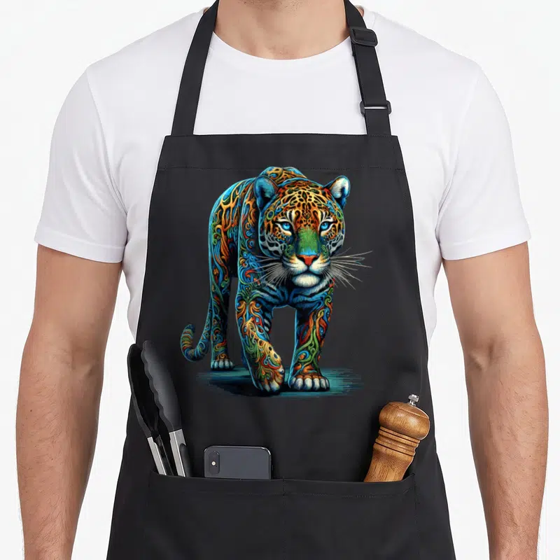 Zoo colorful aprons - Cartoon multicolored leopard illustration in blue orange green and yellow swirls — shown on a black cotton canvas apron against a white background
