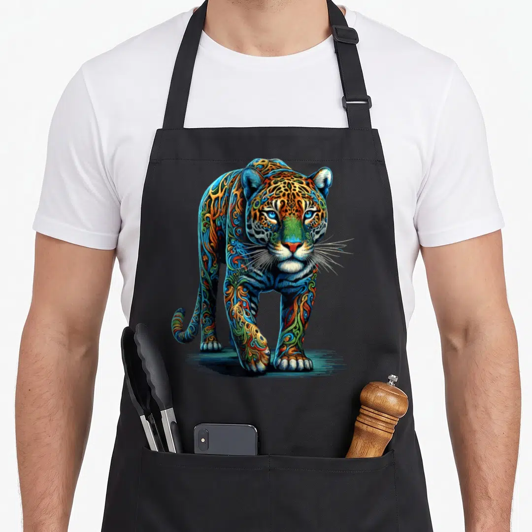 Zoo colorful aprons - Cartoon multicolored leopard illustration in blue orange green and yellow swirls — shown on a black cotton canvas apron against a white background