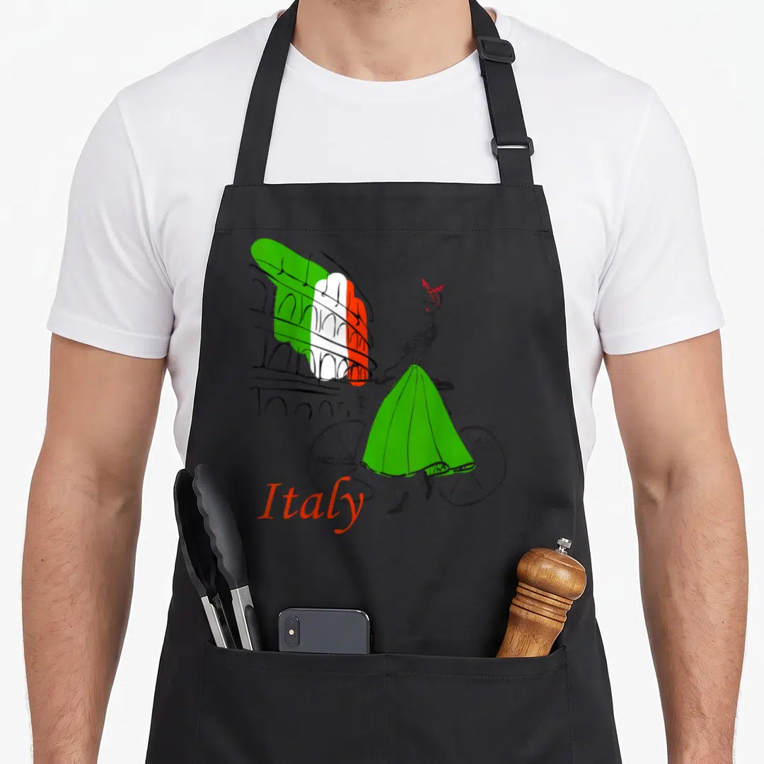 Funny rome italy apron - Line-art woman on bicycle beside Colosseum filled with Italian flag colors and text Italy — shown on a black cotton canvas apron against a white background