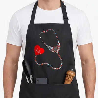 Icon nurse apron - Stethoscope shape made of medical icons with red heart and heartbeat line — shown on a black cotton canvas apron against a white background