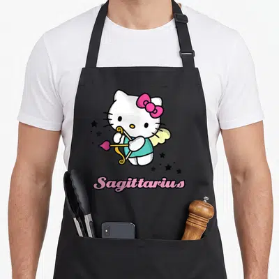 Sagittarius zodiac aprons - Hello Kitty holding bow and arrow with black stars and pink Sagittarius text below — shown on a black cotton canvas apron against a white background