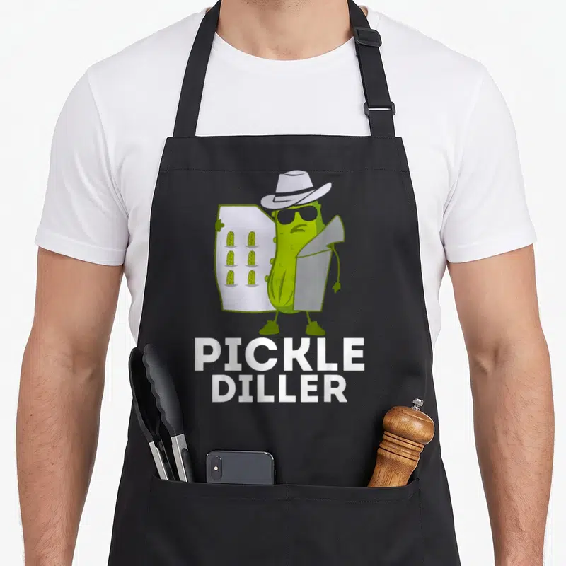 Diller pickle apron - Green cartoon pickle in hat and sunglasses holding a menu with small pickle drawings and white — shown on a black cotton canvas apron against a white background