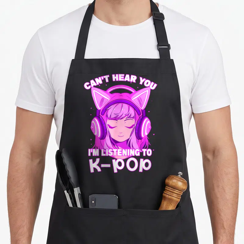 Hear girls korean apron - Cartoon girl with pink cat ears and headphones surrounded by white text about K-pop listening — shown on a black cotton canvas apron against a white background