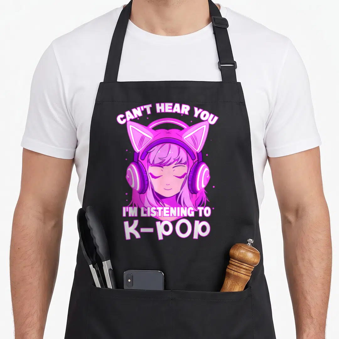 Hear girls korean apron - Cartoon girl with pink cat ears and headphones surrounded by white text about K-pop listening — shown on a black cotton canvas apron against a white background