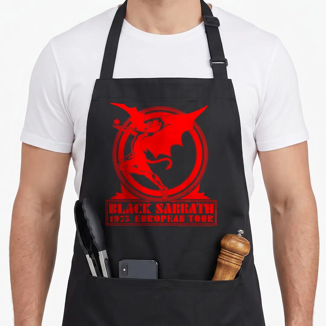 European black sabbath apron - Red demon in double ring with 1975 European Tour text box — shown on a black cotton canvas apron against a white background