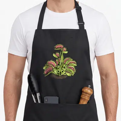 Venus plant apron - Cartoon Venus flytrap with green leaves and red traps growing from brown soil patch — shown on a black cotton canvas apron against a white background