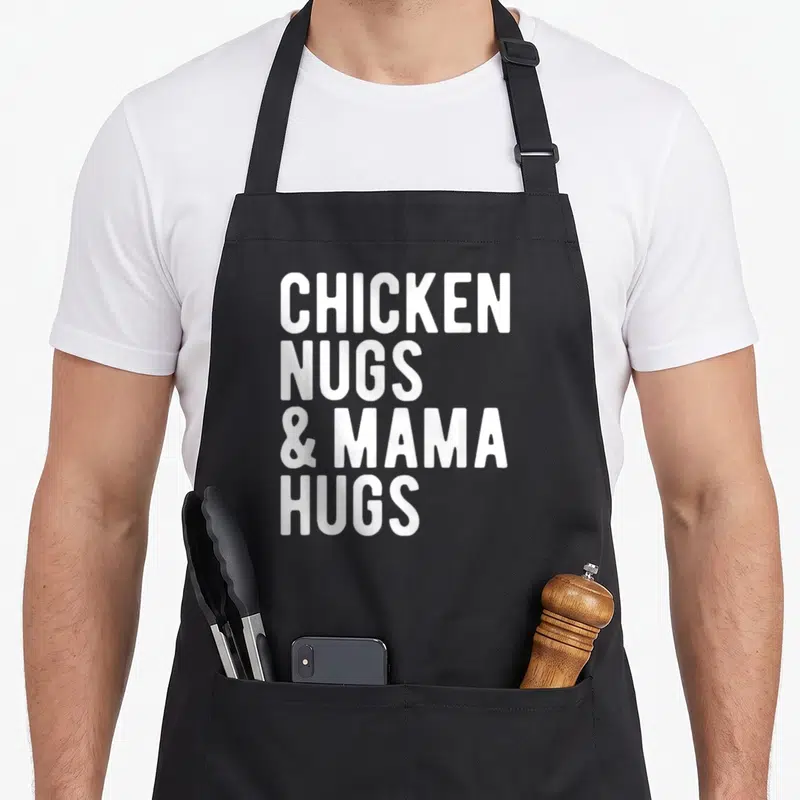 Mama hug chicken print apron - White stacked text reading CHICKEN NUGS & MAMA HUGS on black fabric — shown on a black cotton canvas apron against a white background