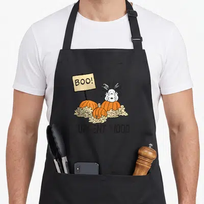 Current halloween apron - Cartoon dog peeks from orange pumpkins next to BOO sign, CURRENT MOOD text below in beige — shown on a black cotton canvas apron against a white background