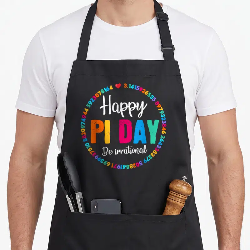 Pie teacher apron - Colorful Pi digits circle surrounding Happy PI DAY Be irrational text with red heart — shown on a black cotton canvas apron against a white background