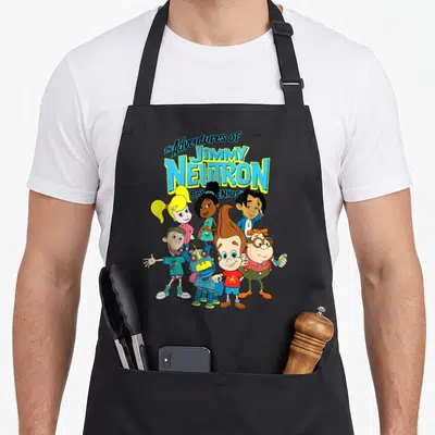 Adventure character aprons - Six cartoon characters standing below The Adventures of Jimmy Neutron Boy Genius title text — shown on a black cotton canvas apron against a white background