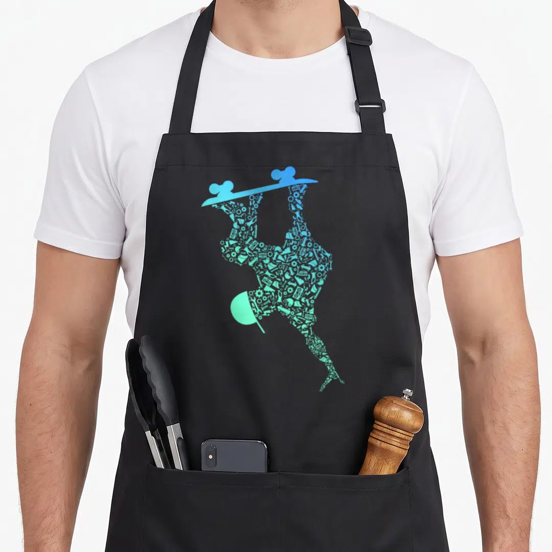 Product best skater skateboarder accessories stuff apron - Skateboarder silhouette formed by blue and green tool icons — shown on a black cotton canvas apron against a white background