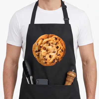 Costume cookie apron - Centered photo-style chocolate chip cookie in golden and dark brown tones — shown on a black cotton canvas apron against a white background