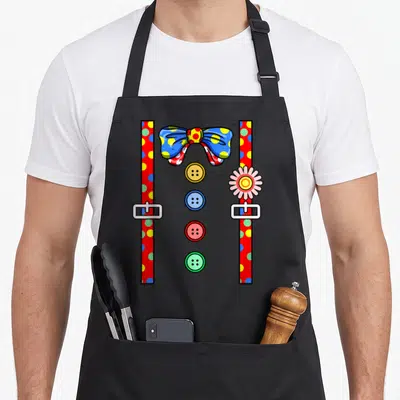 Costume clown aprons - Cartoon bow tie, four colored buttons, red polka dot suspenders, and pink flower — shown on a black cotton canvas apron against a white background