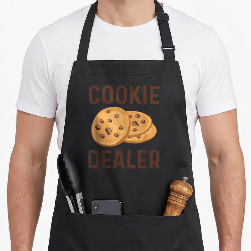 Dealer baker apron - Three brown and tan cookies between the words COOKIE DEALER — shown on a black cotton canvas apron against a white background