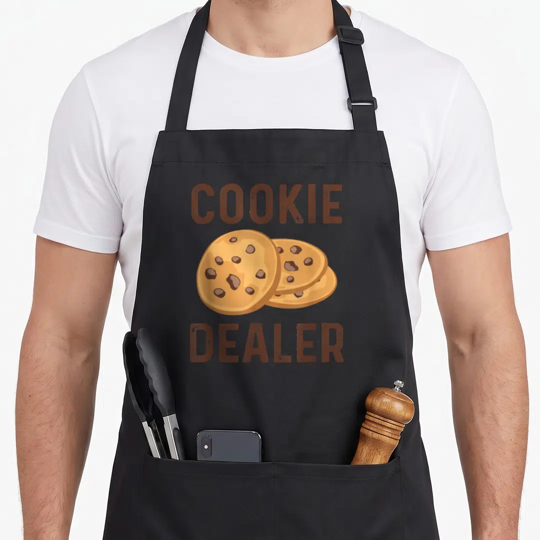 Dealer baker apron - Three brown and tan cookies between the words COOKIE DEALER — shown on a black cotton canvas apron against a white background