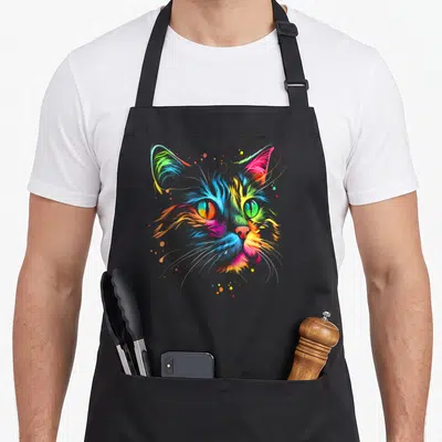 Cat colorful apron - Multicolored watercolor cat head with scattered blue, pink, yellow, green, and orange dots — shown on a black cotton canvas apron against a white background