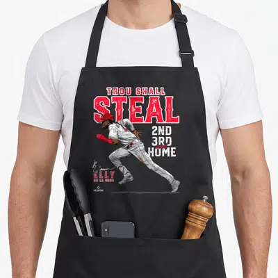 Thou 2nd apron - Running baseball player illustration with Thou Shall Steal text and Elly De La Cruz name — shown on a black cotton canvas apron against a white background