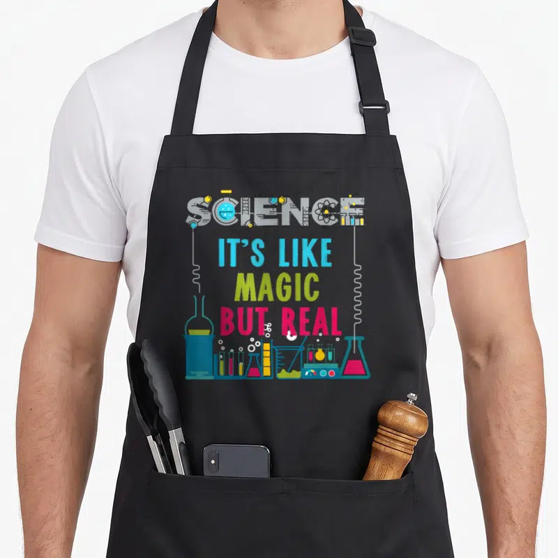 But science apron - Cartoon lab equipment and It's Like Magic But Real text in grey, blue, lime, green, pink, and yellow — shown on a black cotton canvas apron against a white background