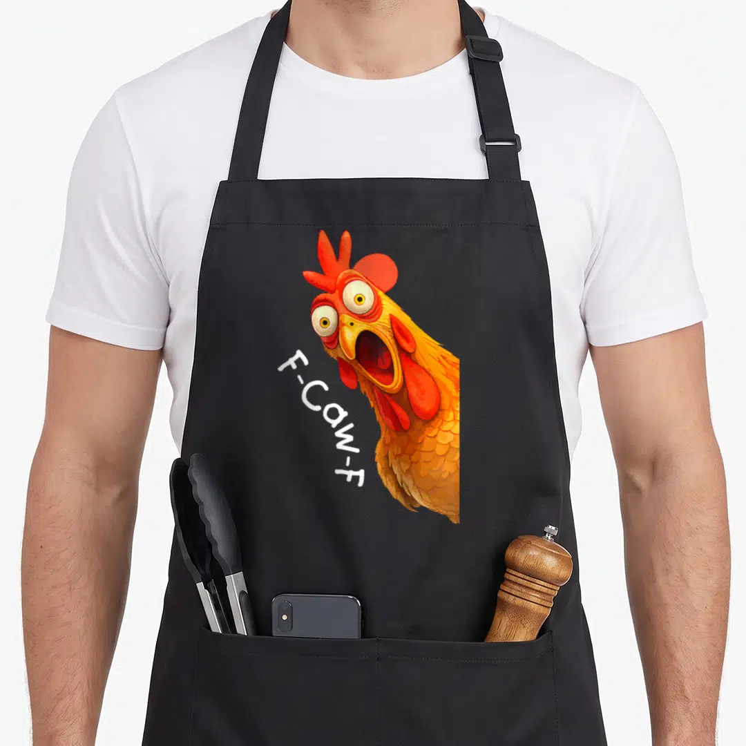 Caw chicken apron - Cartoon chicken head facing left with open mouth and diagonal F-Caw-F text in orange red and white — shown on a black cotton canvas apron against a white background