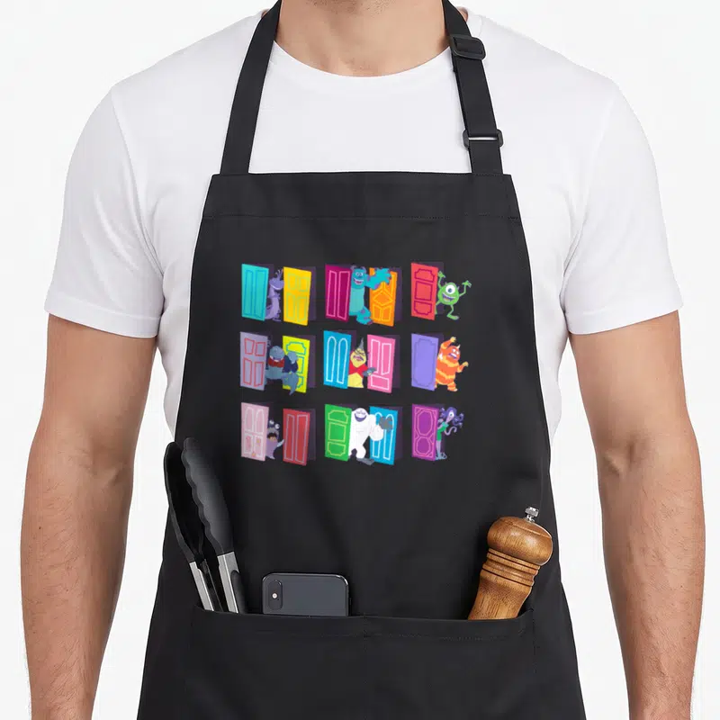 Funny door apron - Nine cartoon monsters standing beside blue red yellow green purple doors in a grid — shown on a black cotton canvas apron against a white background