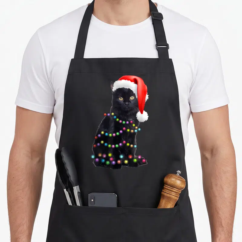Cat christmas lights apron - Black cat wearing red and white santa hat wrapped in multi-colored christmas lights — shown on a black cotton canvas apron against a white background