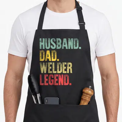 Welder husband apron - Stacked HUSBAND. DAD. WELDER. LEGEND. text in green, yellow, and red distressed font — shown on a black cotton canvas apron against a white background