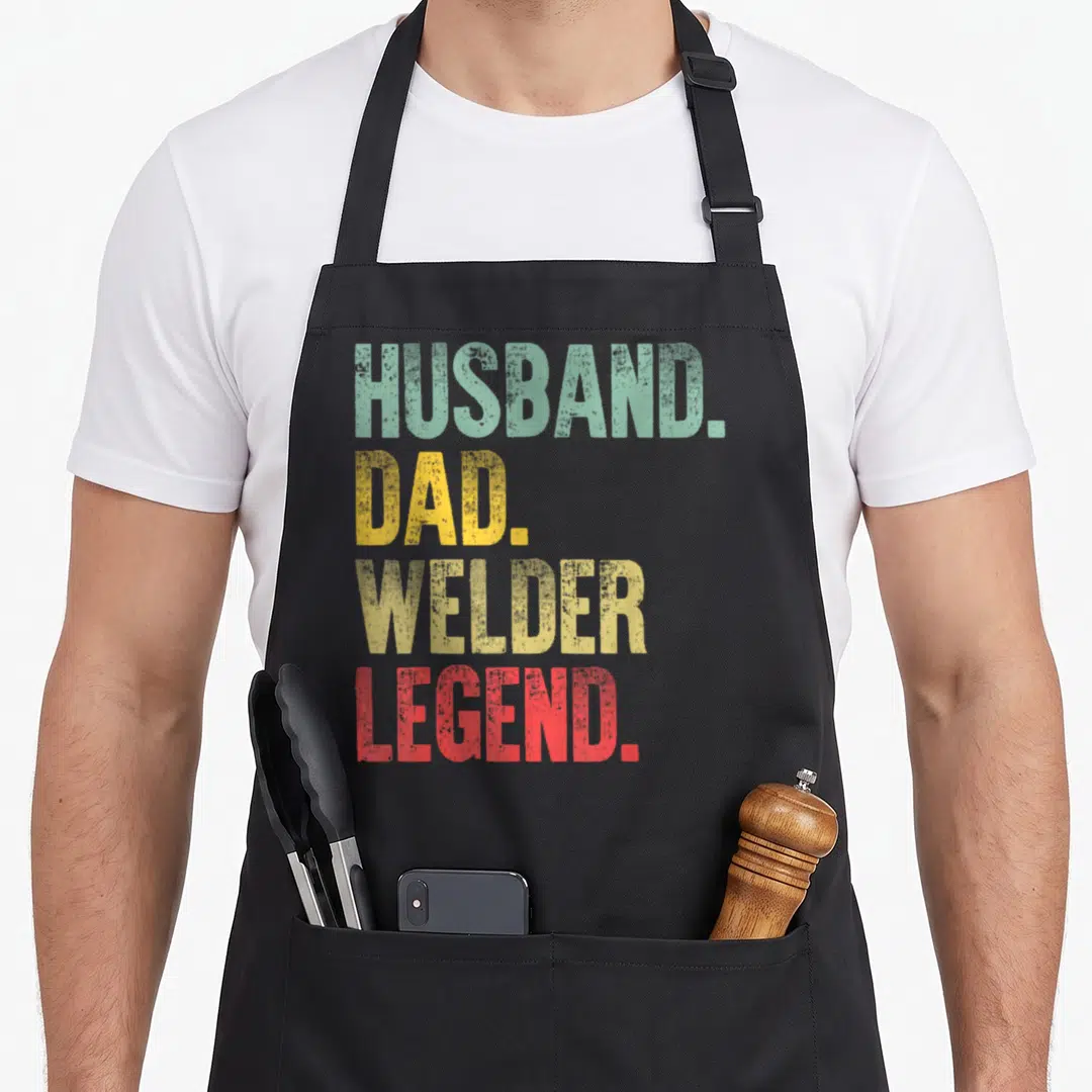 Welder husband apron - Stacked HUSBAND. DAD. WELDER. LEGEND. text in green, yellow, and red distressed font — shown on a black cotton canvas apron against a white background