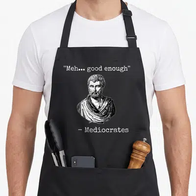 Meh midterms humor apron - White quote and black bust on grey background attributed to Mediocrates — shown on a black cotton canvas apron against a white background