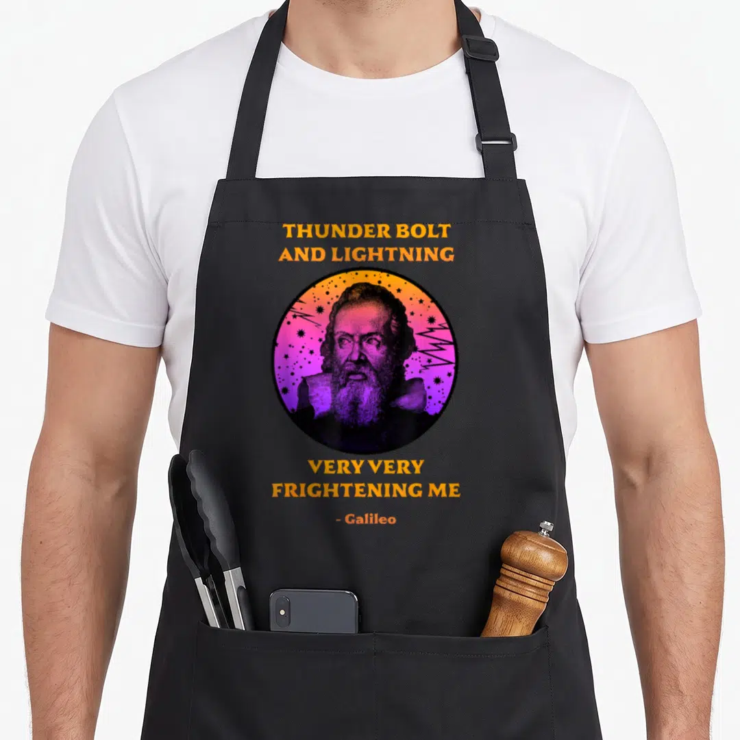 Thunderbolt science apron - Galileo portrait in circle with lightning bolts and stars, surrounded by yellow text — shown on a black cotton canvas apron against a white background