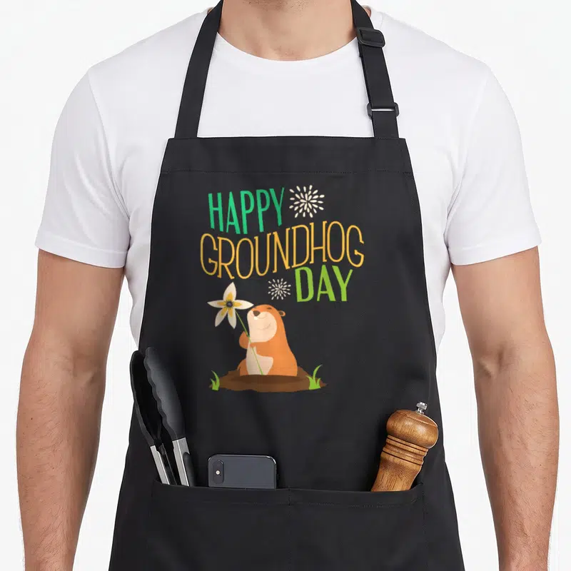 Ground groundhog apron - Cartoon groundhog holding a white flower under stacked green and orange text with white bursts — shown on a black cotton canvas apron against a white background