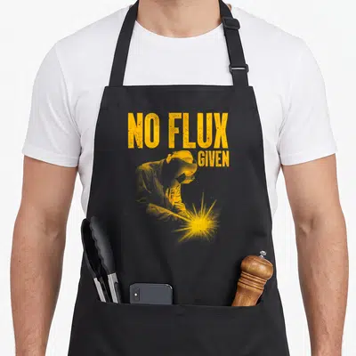 Arc metal worker apron - Yellow distressed welder silhouette leaning over spark below No Flux Given text — shown on a black cotton canvas apron against a white background