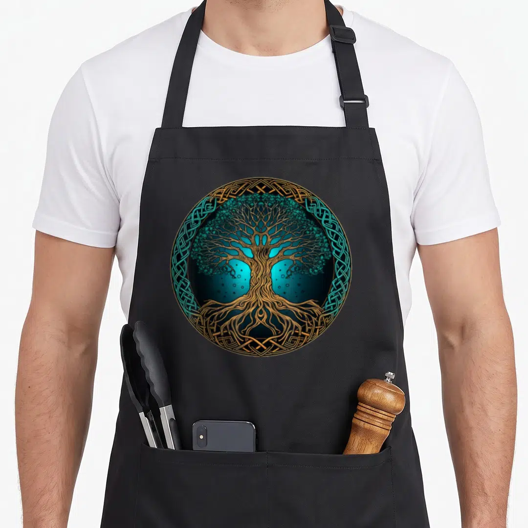 Myth tree apron - Golden tree with teal leaves inside a circular Celtic knotwork border on black background — shown on a black cotton canvas apron against a white background