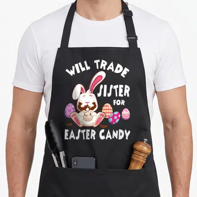 Eat easter bunny aprons - Cartoon bunny with chocolate face surrounded by eggs and text Will Trade Sister For Easter — shown on a black cotton canvas apron against a white background