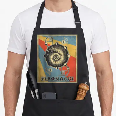 Fibonacci ratio golden apron - Retro nautilus shell inside geometric circles on red yellow blue stripes with FIBONACCI — shown on a black cotton canvas apron against a white background