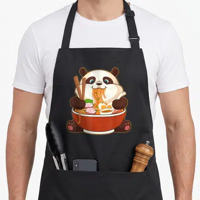 Kawaii anime apron - Cartoon panda in red swirl bowl holding chopsticks and spoon eating ramen with egg and fish cake — shown on a black cotton canvas apron against a white background