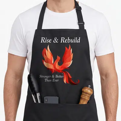 Rise bird apron - Realistic red and orange phoenix between Rise Rebuild and Stronger Better Than Ever text — shown on a black cotton canvas apron against a white background