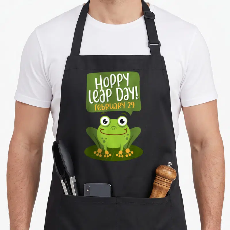 Hoppy frog aprons - Cartoon green frog on lily pad with Hoppy Leap Day text in speech bubble — shown on a black cotton canvas apron against a white background