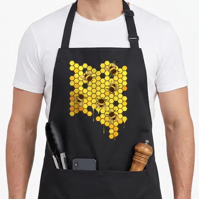 Honeycomb honey bee apron - Six cartoon bees on yellow honeycomb pattern with dripping edges — shown on a black cotton canvas apron against a white background
