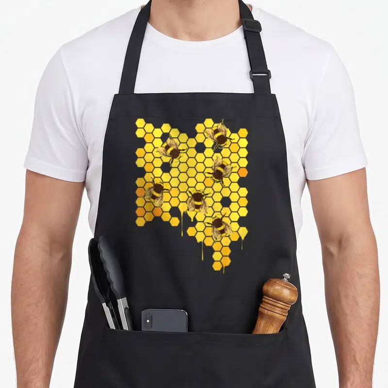 Honeycomb honey bee apron - Six cartoon bees on yellow honeycomb pattern with dripping edges — shown on a black cotton canvas apron against a white background