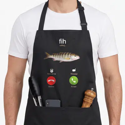 Shoe fish apron - Realistic fish on a fake phone call screen with fih calling text and accept decline buttons — shown on a black cotton canvas apron against a white background