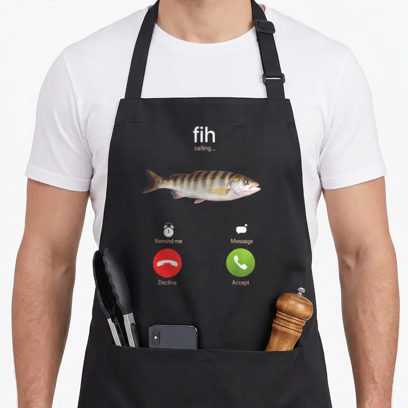 Shoe fish apron - Realistic fish on a fake phone call screen with fih calling text and accept decline buttons — shown on a black cotton canvas apron against a white background