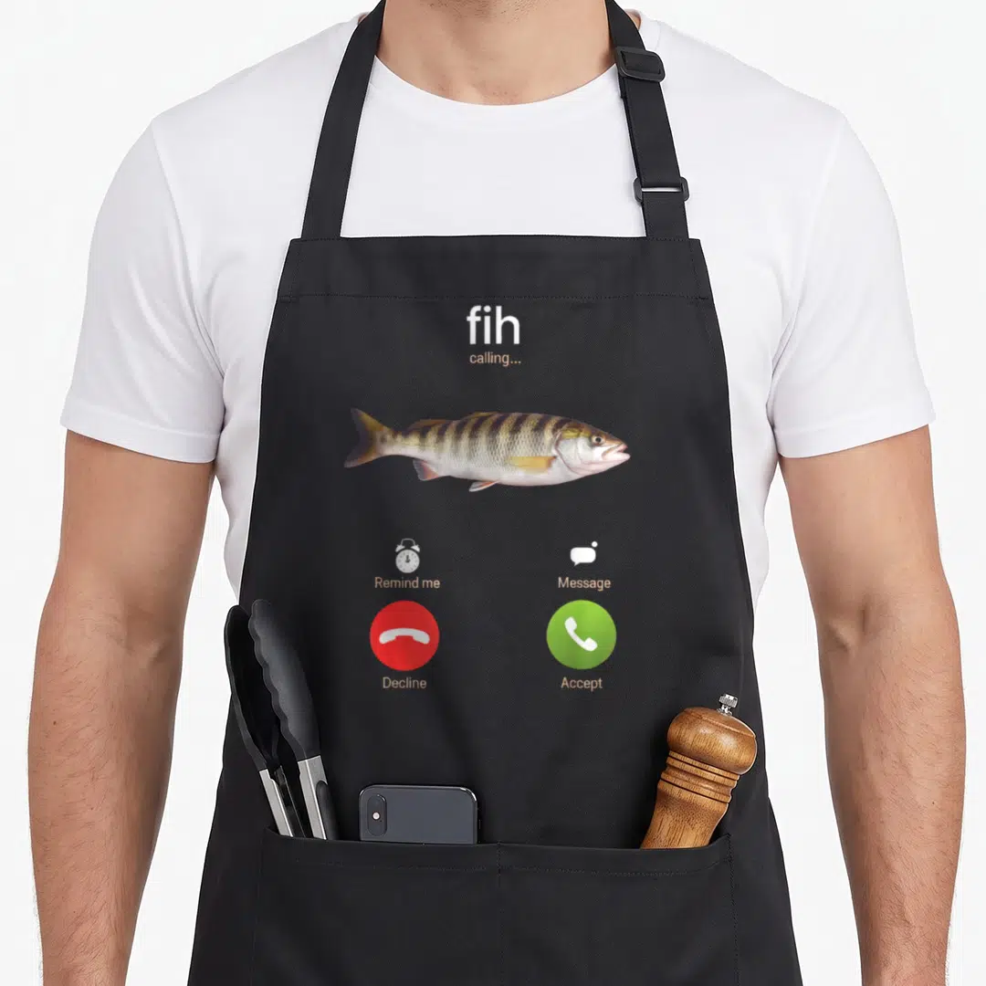Shoe fish apron - Realistic fish on a fake phone call screen with fih calling text and accept decline buttons — shown on a black cotton canvas apron against a white background