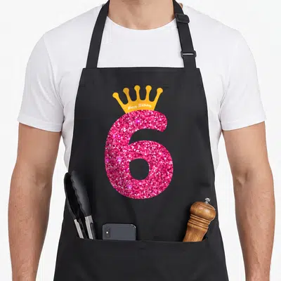 6th bday birthday apron - Pink glitter number 6 with orange crown and white Happy Birthday text in cartoon style — shown on a black cotton canvas apron against a white background
