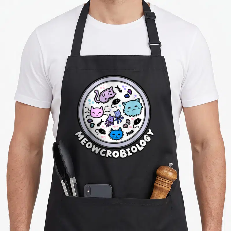 Meowcrobiology cat apron - Petri dish with pink blue purple cat microbes and fish bones arched MEOWCROBIOLOGY text — shown on a black cotton canvas apron against a white background