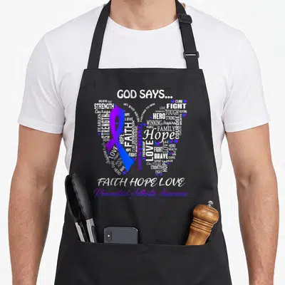 Rheumatoid butterfly apron - Heart shaped typography with purple blue ribbon and God Says Faith Hope Love text — shown on a black cotton canvas apron against a white background