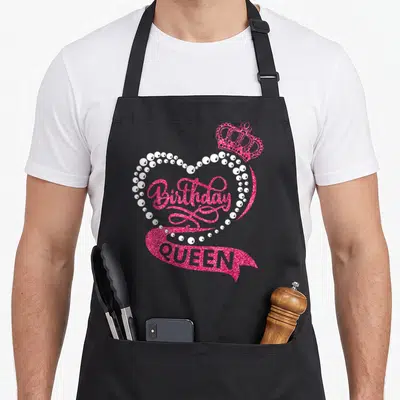 Queen squad birthday apron - Pink glitter heart with pearls, crown, and QUEEN Birthday text — shown on a black cotton canvas apron against a white background